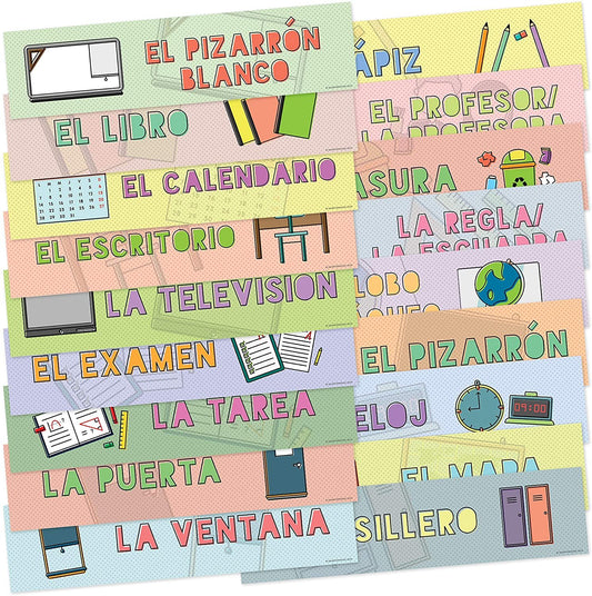 Quarterhouse Spanish Language Labels for Common Classroom Items (Non-Adhesive) Label Set, Spanish - ESL Learning Materials for K-12 Students and Teachers, Set of 18, 12 x 3 Inches, Extra Durable