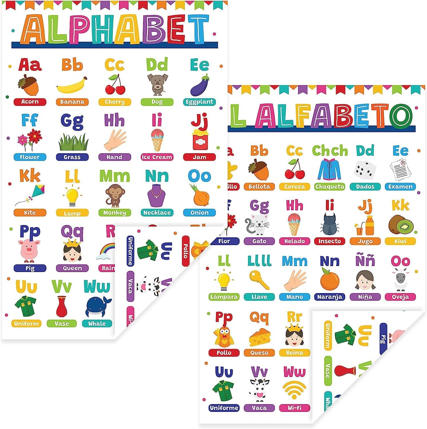Quarterhouse Extreme Value 20 Large English-Spanish Educational Posters, Learning Materials for Toddlers and Kids, Double-Sided, 12x18, Includes Days, Months, ABCs, Numbers, and Colors