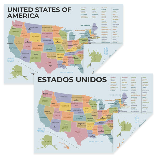 Quarterhouse English-Spanish Educational Map - United States of America (Estados Unidos) Poster, Spanish and ESL Classroom Materials for Teachers