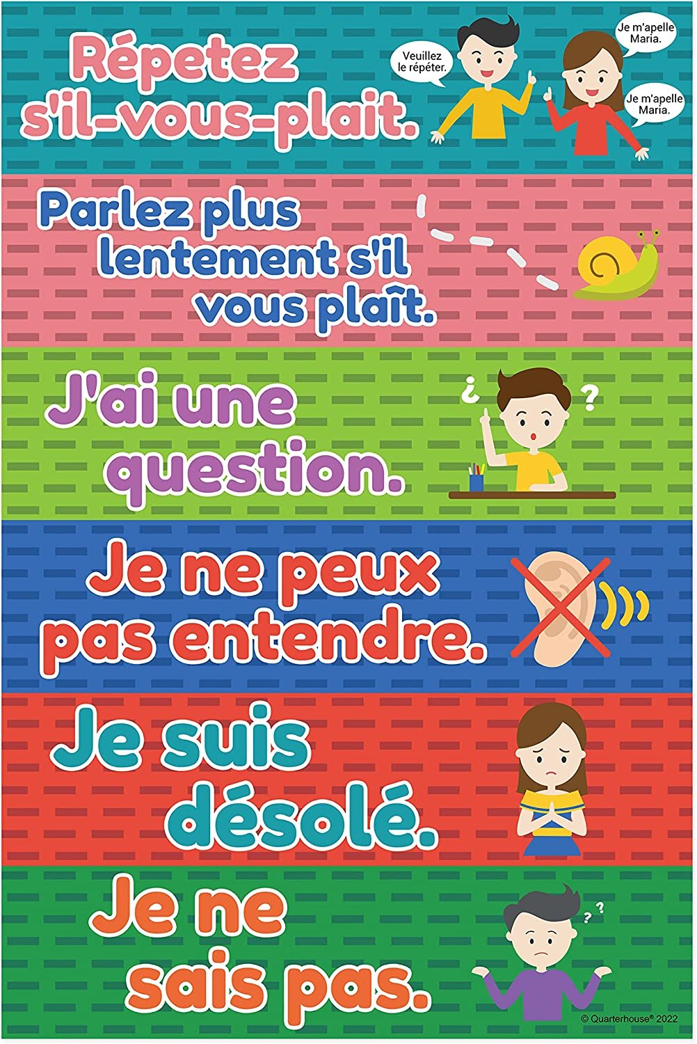 Quarterhouse French Classroom Phrases and Commands Label Set, French - ESL Classroom Learning Materials for K-12 Students and Teachers, Set of 18, 12 x 3 Inches, Extra Durable