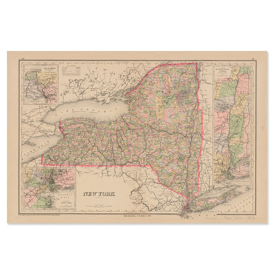 Quarterhouse Vintage 1876 New York (State) Map Poster, Social Studies Classroom Materials for Teachers