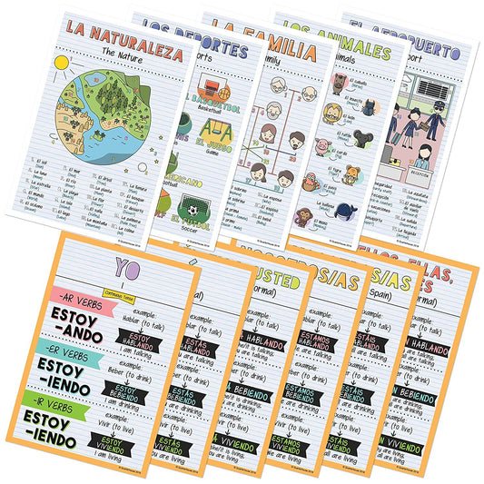 Quarterhouse Spanish Verbs & Beginner Vocabulary (Set E) Poster Set, Spanish Classroom Learning Materials for K-12 Students and Teachers, Set of 11, 12 x 18 Inches, Extra Durable