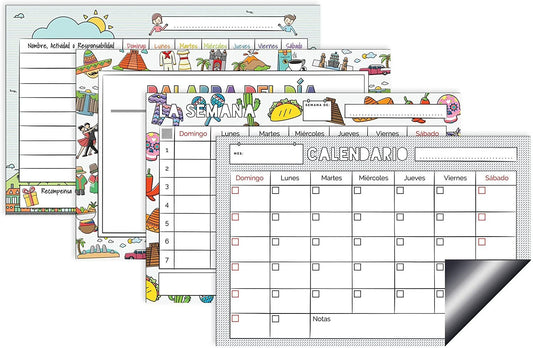 Quarterhouse Spanish Classroom Magnetic Combo Pack - Monthly Calendar, Weekly Planner, Award Chart, and Word of The Day - Dry Erase; Sticks to Whiteboards - Set of 4, 18 x 12 Inches