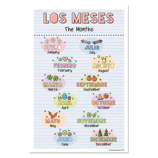 Quarterhouse Spanish Vocabulary - Months of the Year Poster, Spanish and ESL Classroom Materials for Teachers