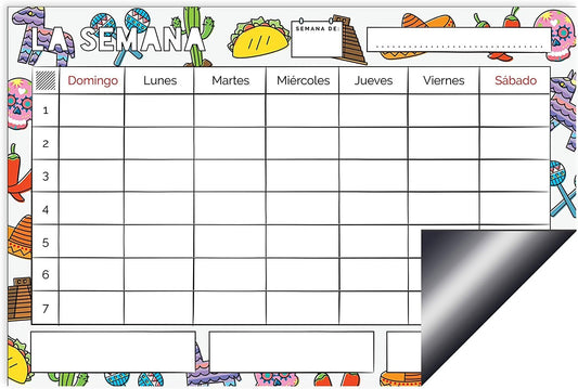 Quarterhouse Spanish Classroom Magnetic Weekly Calendar and Planner - Dry Erase; Sticks to Whiteboards - 7 Days - 18 x 12 Inches
