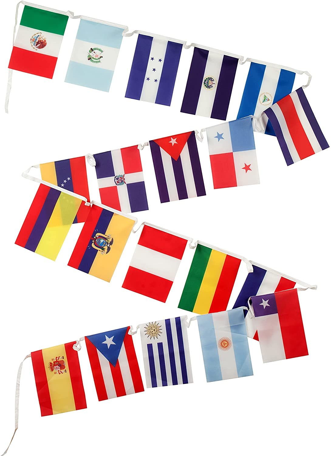 Quarterhouse Spanish Language Country Flags for the Classroom - 18 Latin American Countries Plus Spain, Puerto Rico, and Equatorial Guinea - 21 Flags Per String - Polyester, 8 x 12 Inches