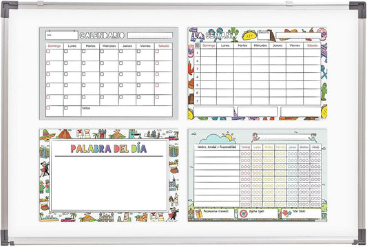 Quarterhouse Spanish Classroom Magnetic Combo Pack - Monthly Calendar, Weekly Planner, Award Chart, and Word of The Day - Dry Erase; Sticks to Whiteboards - Set of 4, 18 x 12 Inches
