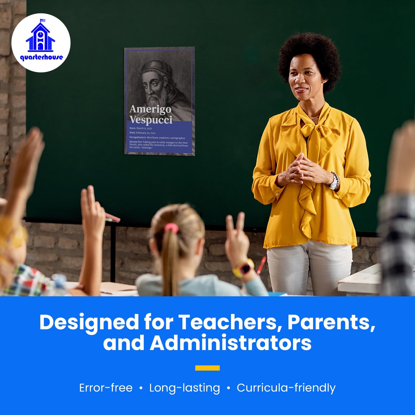 Quarterhouse Famous Explorers Poster Set, Social Studies Classroom Learning Materials for K-12 Students and Teachers, Set of 7, 12 x 18 Inches, Extra Durable