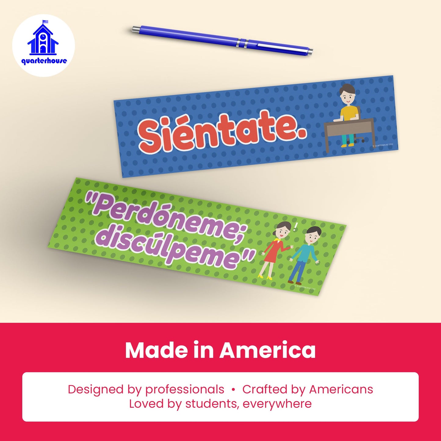 Quarterhouse Spanish Classroom Phrases and Commands Label Set, Spanish - ESL Classroom Learning Materials for K-12 Students and Teachers, Set of 18, 12 x 3 Inches, Extra Durable