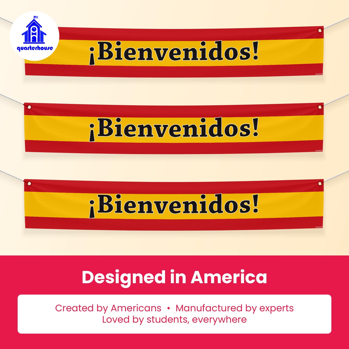 Quarterhouse Bienvenidos Welcome Banner for Spanish Classrooms, Businesses, & Special Events - Spanish Flag (Yellow & Red) Background - Polyester, 60 x 10 Inches