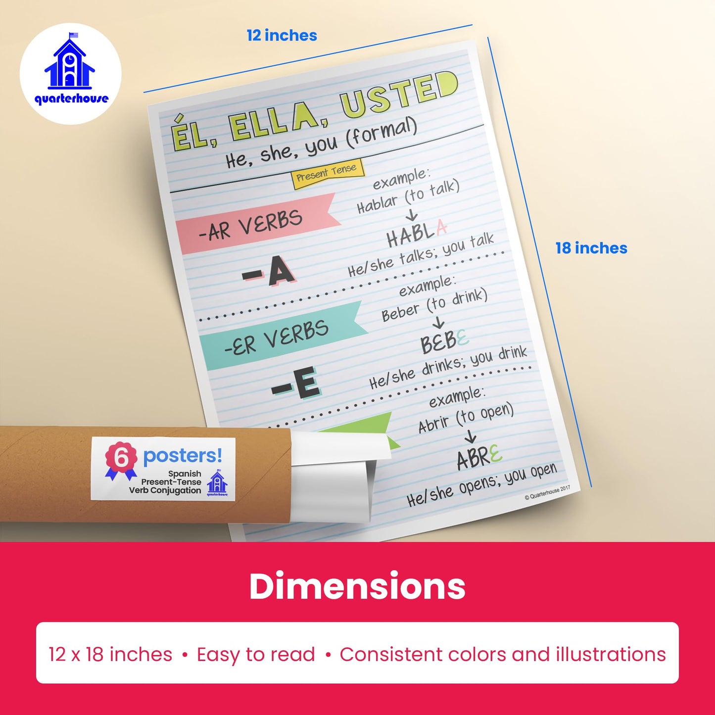 Quarterhouse Spanish Present-Tense Verb Conjugation (Light-Themed) Poster Set, Spanish Classroom Learning Materials for K-12 Students and Teachers, Set of 6, 12 x 18 Inches, Extra Durable