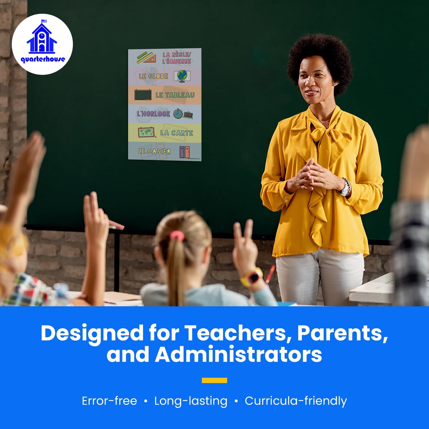 Quarterhouse Common Classroom Items (French) Poster Set, French - ESL Classroom Learning Materials for K-12 Students and Teachers, Set of 4, 12 x 18 Inches, Extra Durable