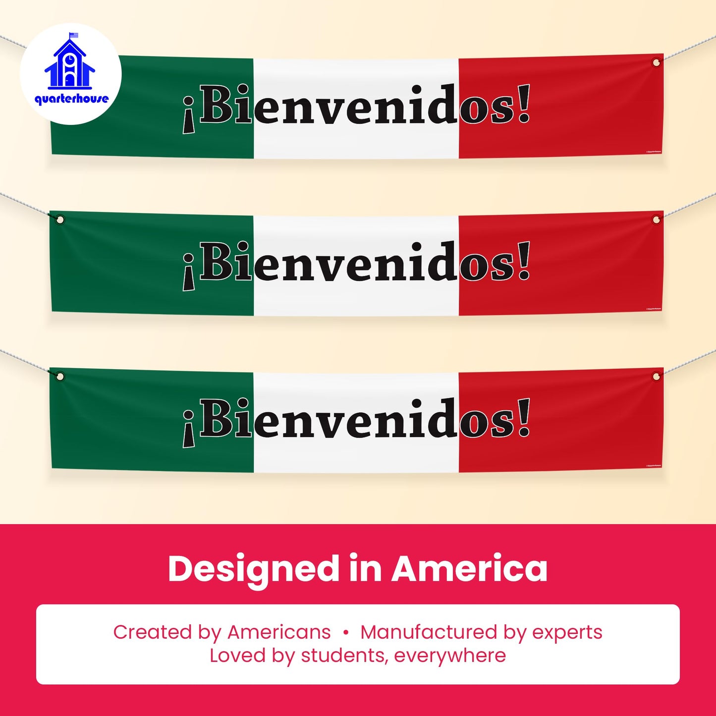 Quarterhouse Bienvenidos Welcome Banner for Spanish Classrooms, Businesses, & Special Events - Mexican Flag (Green, White, & Red) Background - Polyester, 60 x 10 Inches