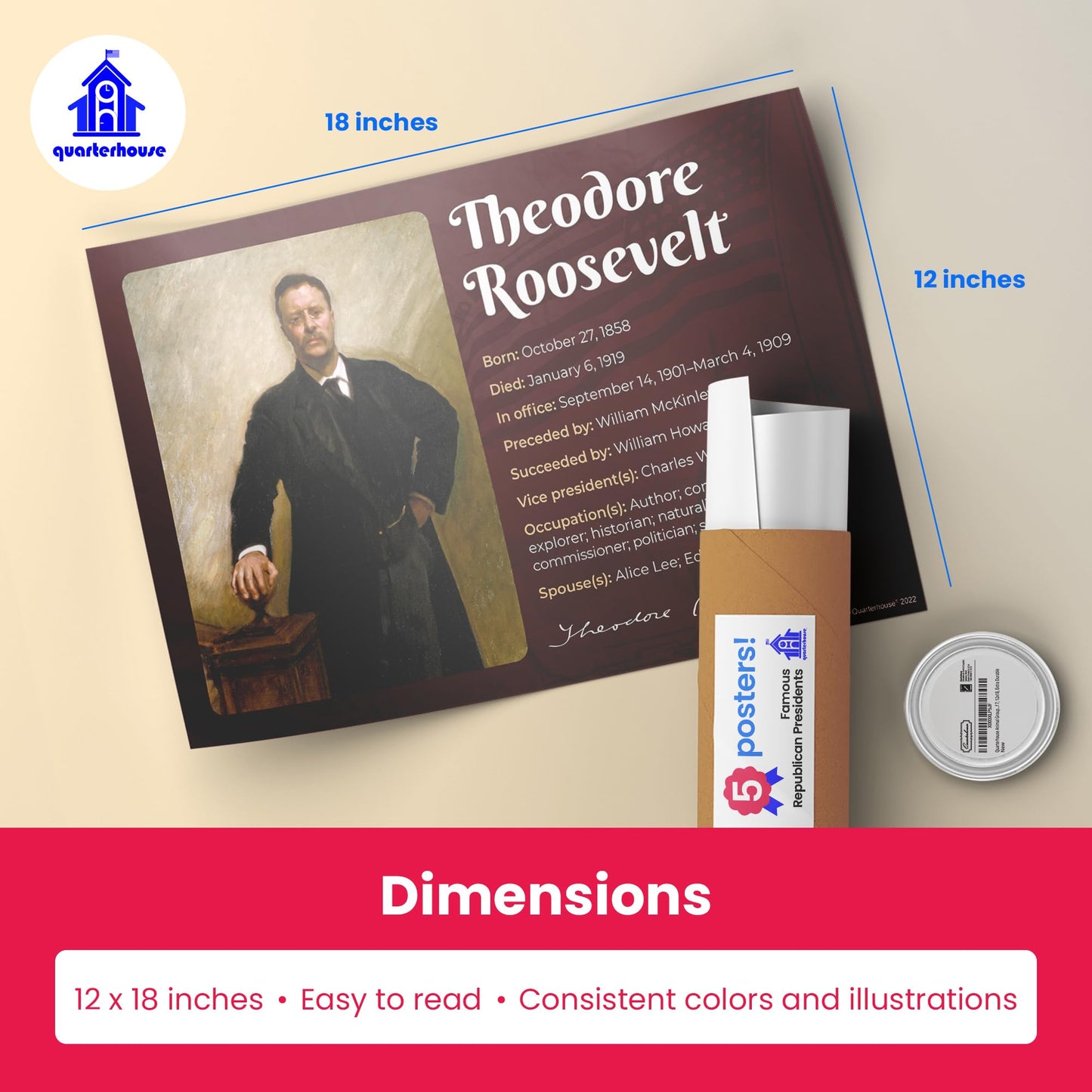 Quarterhouse Famous Republican Presidents Poster Set, Social Studies Classroom Learning Materials for K-12 Students and Teachers, Set of 5, 12 x 18 Inches, Extra Durable