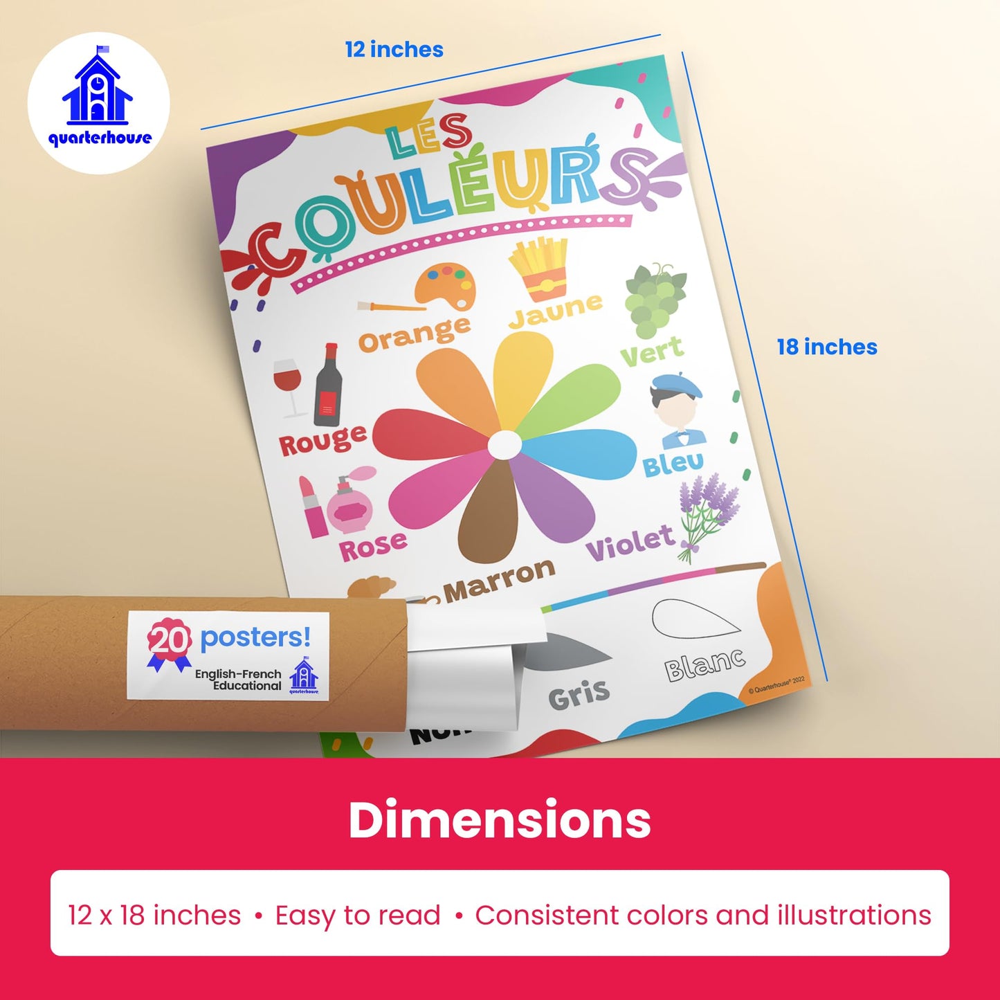 Quarterhouse Extreme Value 20 Large English-French Educational Poster Set, French Classroom Learning Materials for K-12 Students and Teachers, Double-Sided, Set of 20, 12 x 18 Inches, Extra Durable