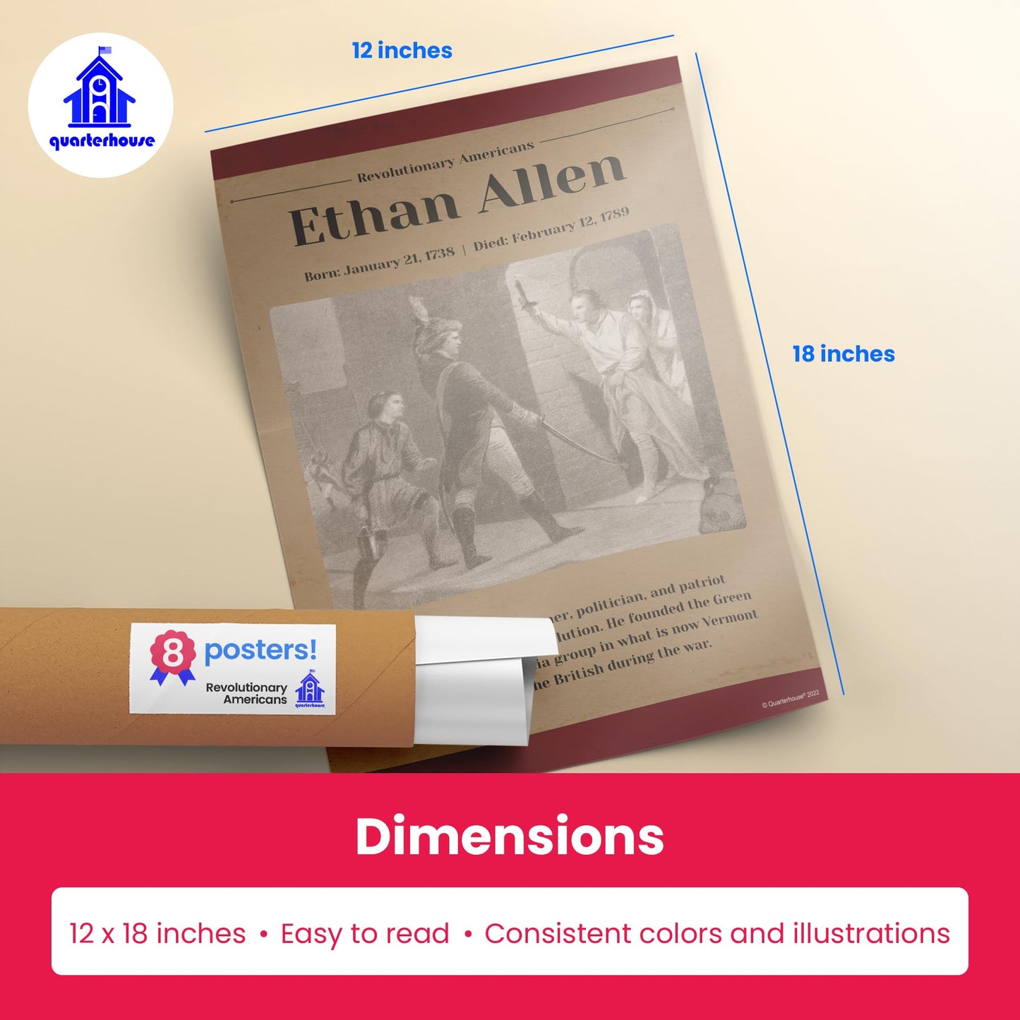 Quarterhouse Revolutionary Americans Poster Set, Social Studies Classroom Learning Materials for K-12 Students and Teachers, Set of 8, 12 x 18 Inches, Extra Durable