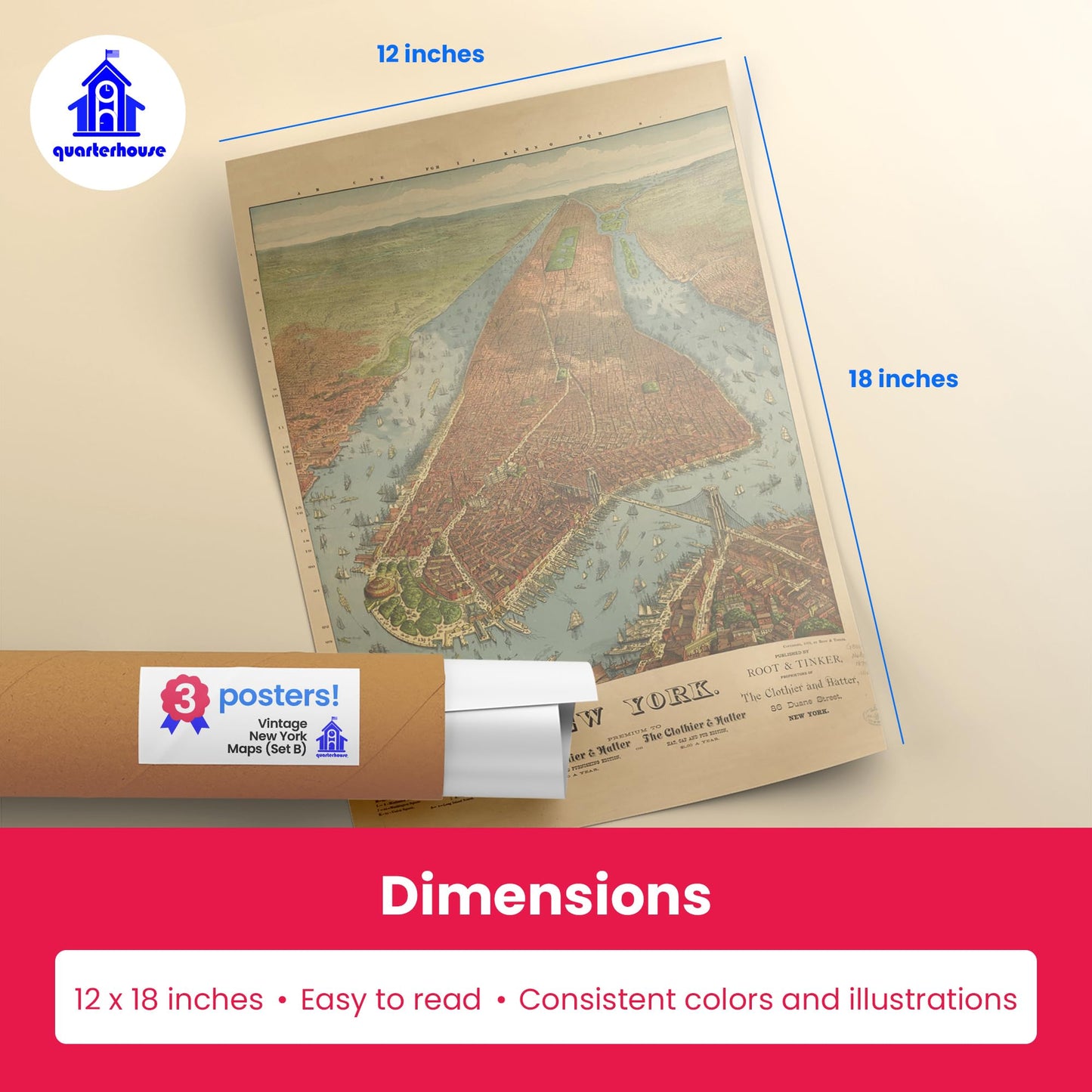 Quarterhouse Vintage New York Maps (Set B) Poster Set, Social Studies Classroom Learning Materials for K-12 Students and Teachers, Set of 3, 12 x 18 Inches, Extra Durable