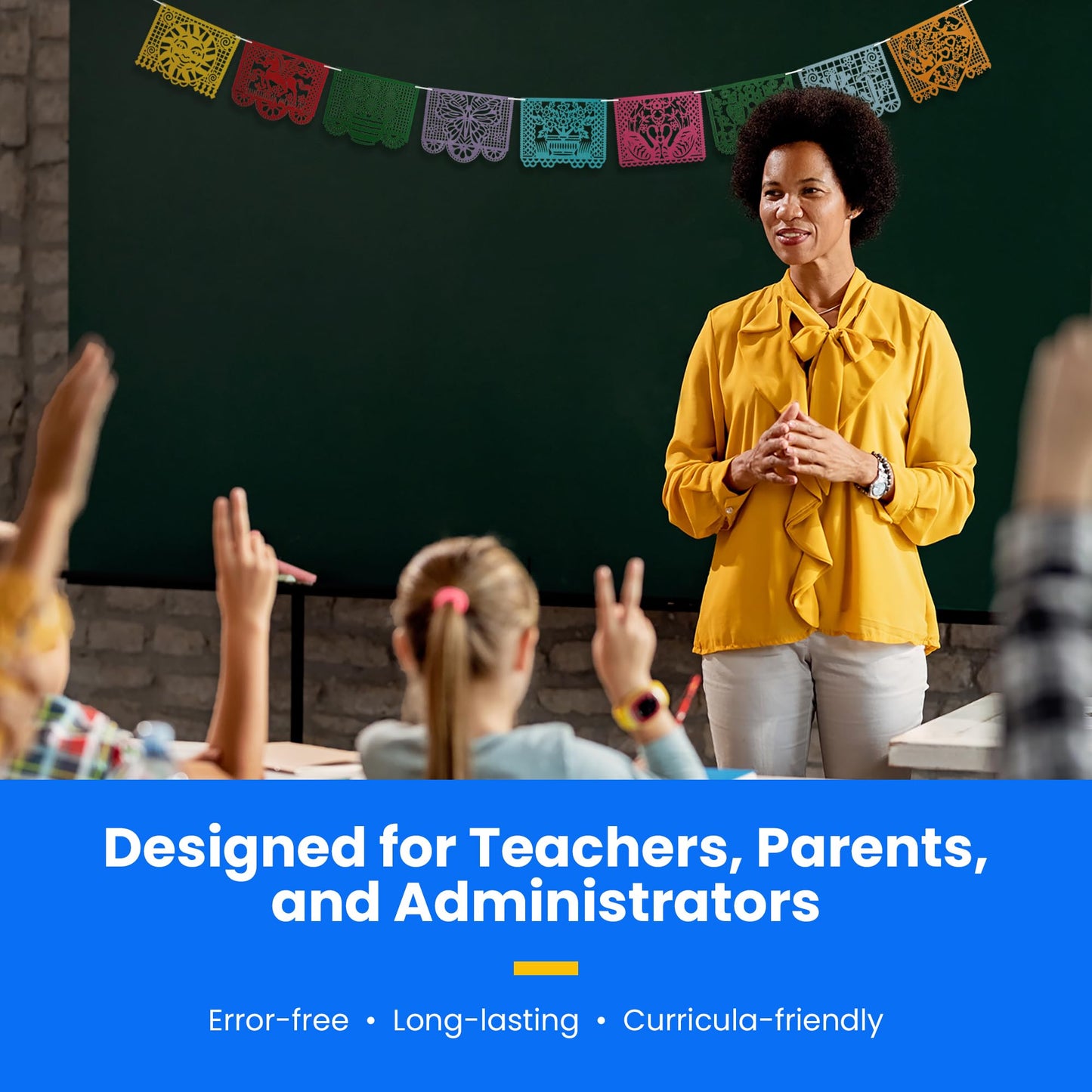 Quarterhouse Papel Picado for Spanish Classrooms and Fiestas, Vivid Colors and Cultural Motifs - 9 Per String - Felt, 8 x 12 Inches