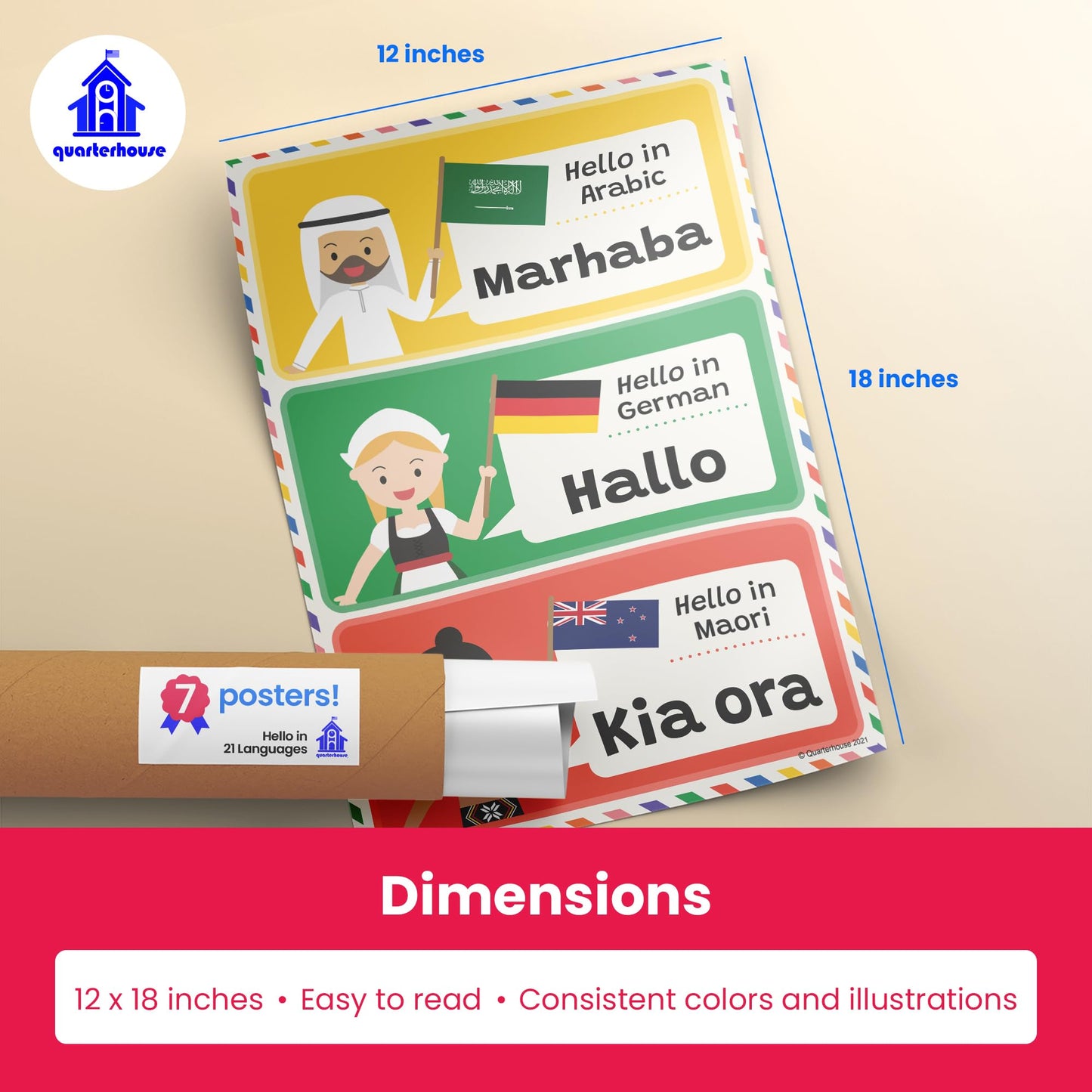 Quarterhouse Hello in 21 Languages Poster Set, Foreign Language - ESL Classroom Learning Materials for K-12 Students and Teachers, Set of 7, 12 x 18 Inches, Extra Durable