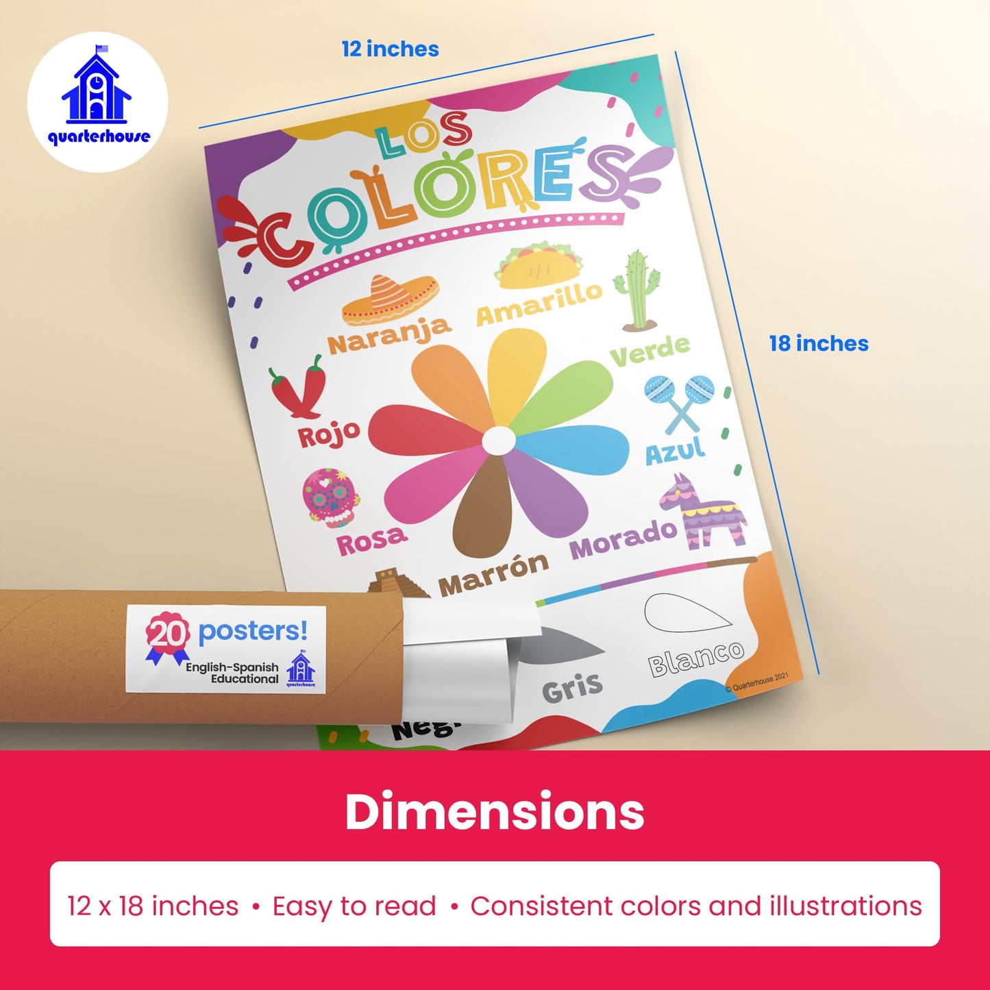 Quarterhouse Extreme Value 20 Large English-Spanish Educational Posters, Learning Materials for Toddlers and Kids, Double-Sided, 12x18, Includes Days, Months, ABCs, Numbers, and Colors