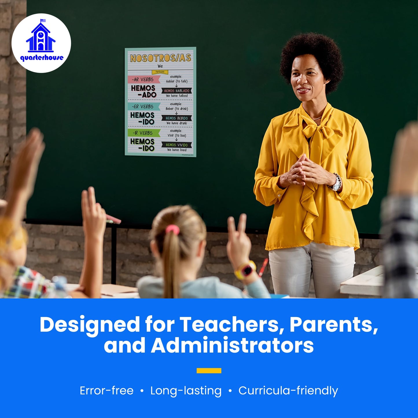 Quarterhouse Spanish Verbs & Beginner Vocabulary (Set F) Poster Set, Spanish Classroom Learning Materials for K-12 Students and Teachers, Set of 11, 12 x 18 Inches, Extra Durable