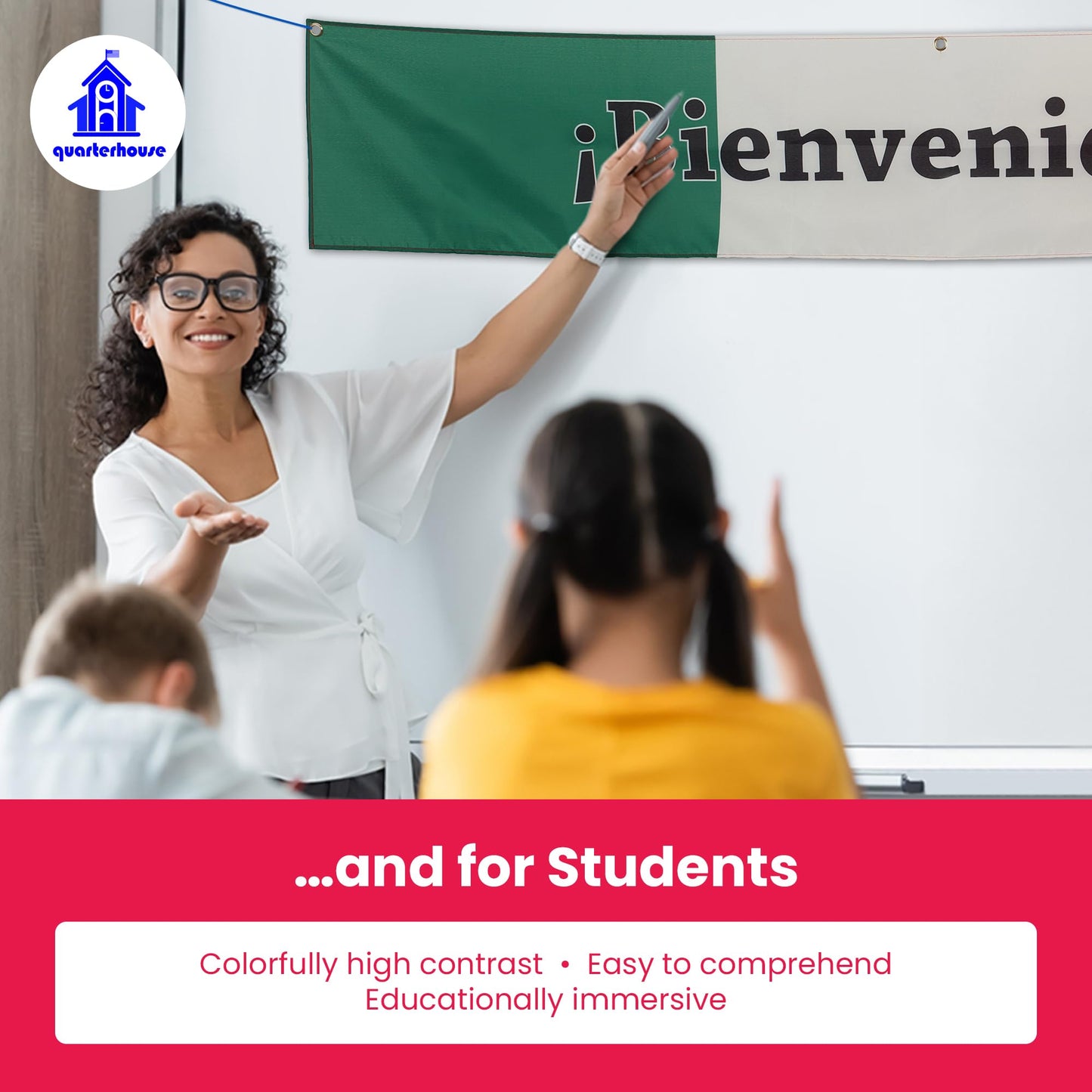 Quarterhouse Bienvenidos Welcome Banner for Spanish Classrooms, Businesses, & Special Events - Mexican Flag (Green, White, & Red) Background - Polyester, 60 x 10 Inches