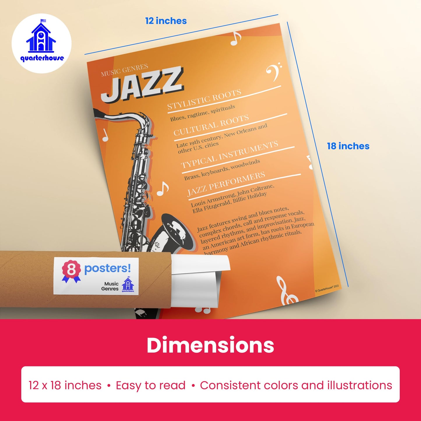 Quarterhouse Music Genres Poster Set, Music Classroom Learning Materials for K-12 Students and Teachers, Set of 8, 12 x 18 Inches, Extra Durable