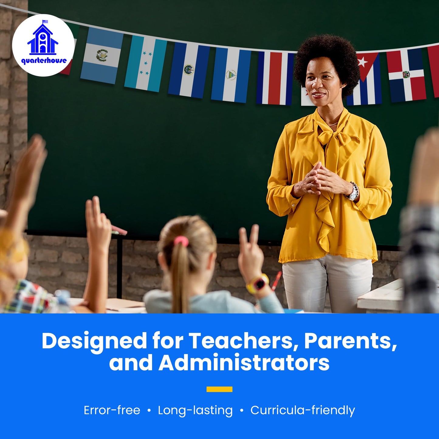 Quarterhouse Spanish Language Country Flags for the Classroom - 18 Latin American Countries Plus Spain, Puerto Rico, and Equatorial Guinea - 21 Flags Per String - Polyester, 8 x 12 Inches