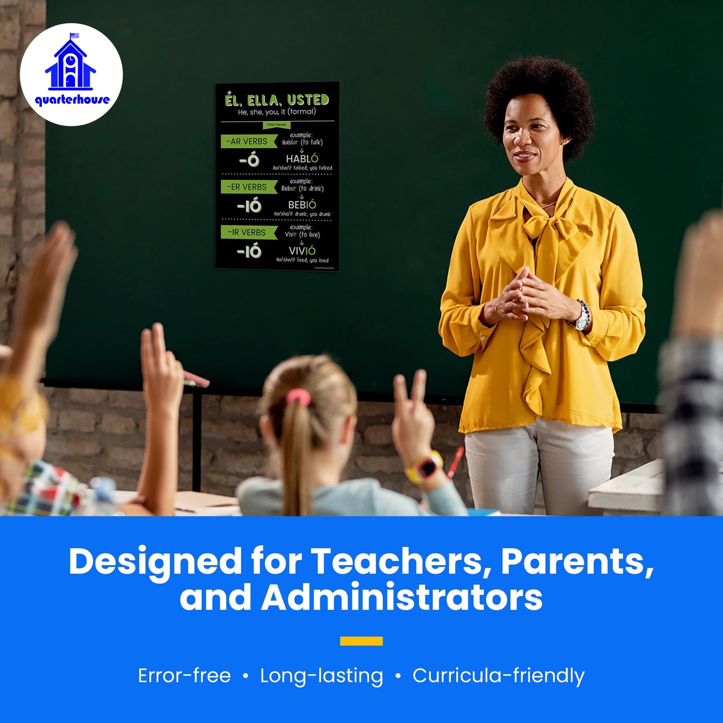 Quarterhouse Spanish Past-Tense Verbs Poster Set, Spanish - ESL Classroom Learning Materials for K-12 Students and Teachers, Set of 7, 12 x 18 Inches, Extra Durable