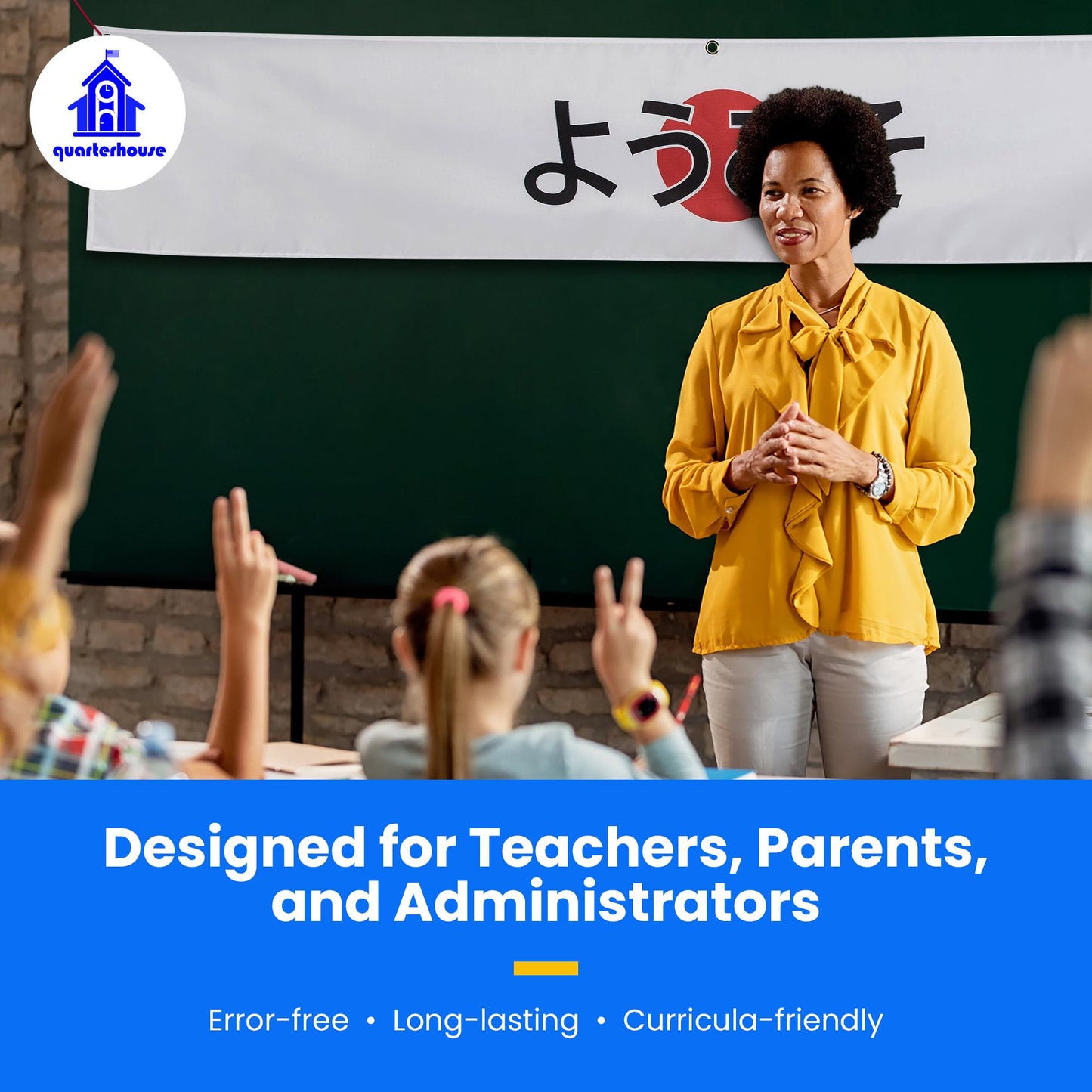 Quarterhouse Japanese Welcome Banner for Japanese Classrooms, Restaurants, Bilingual Businesses, Special Events - Flag of Japan (White & Red) Background - Polyester, 60 x 10 Inches