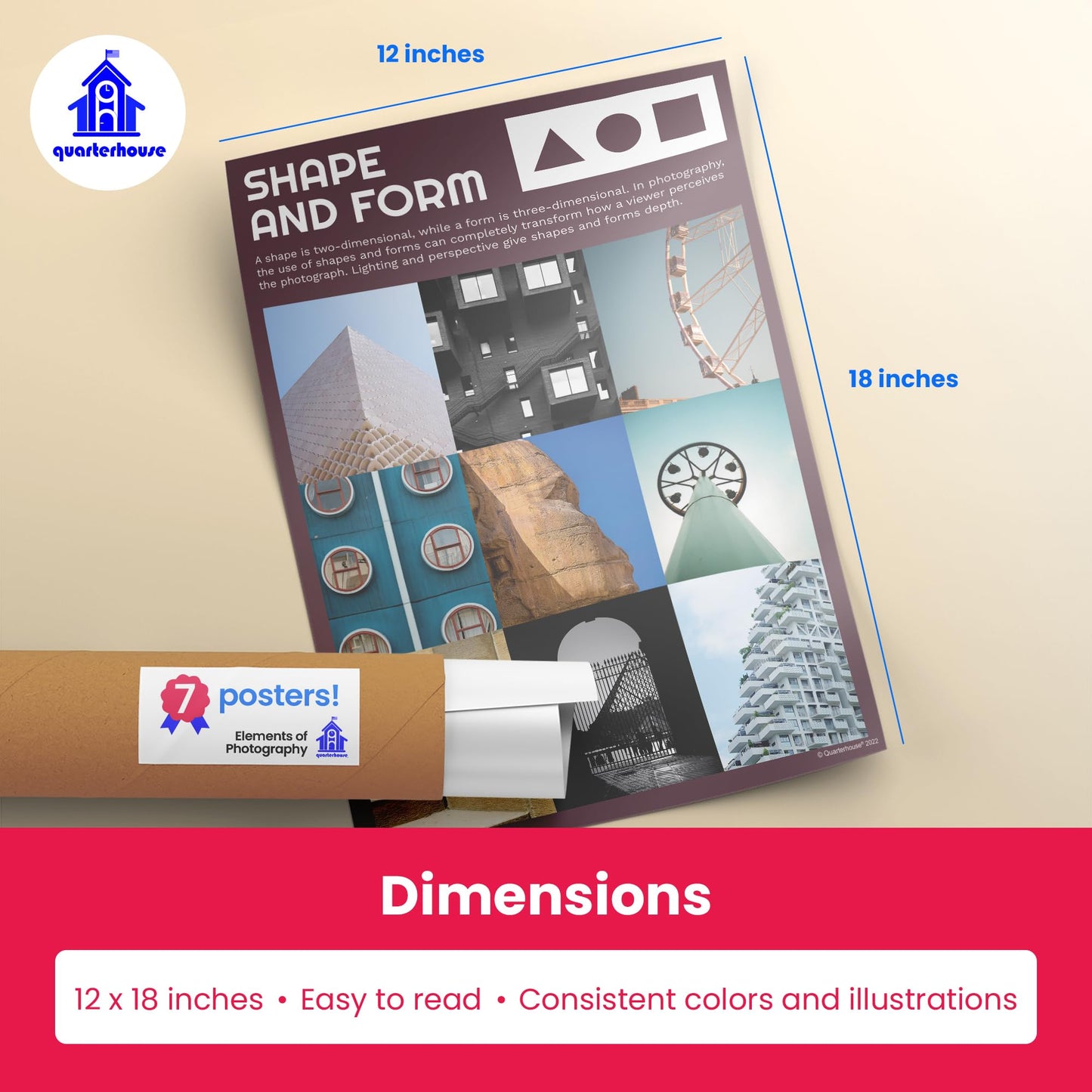 Quarterhouse Elements of Photography Poster Set, Art Classroom Learning Materials for K-12 Students and Teachers, Set of 7, 12 x 18 Inches, Extra Durable