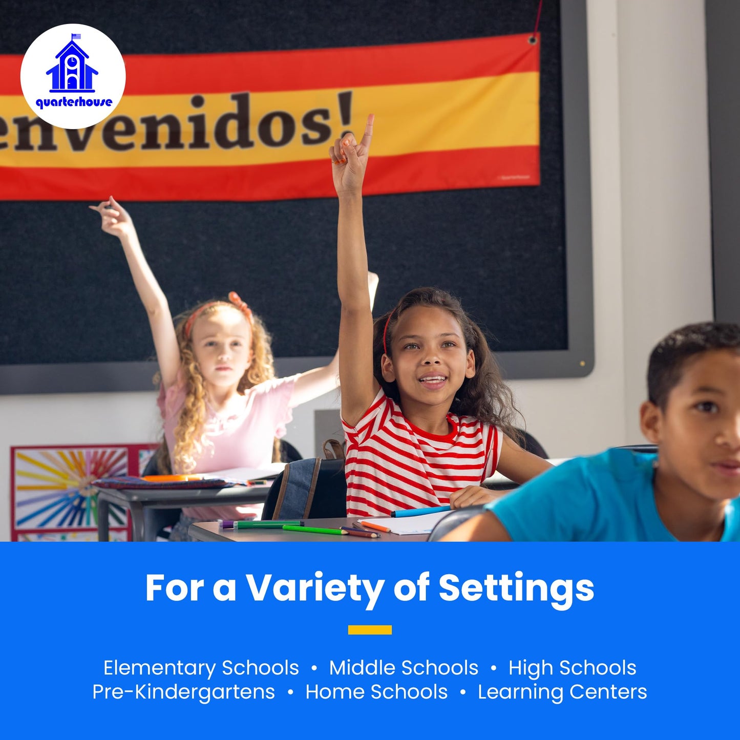 Quarterhouse Bienvenidos Welcome Banner for Spanish Classrooms, Businesses, & Special Events - Spanish Flag (Yellow & Red) Background - Polyester, 60 x 10 Inches