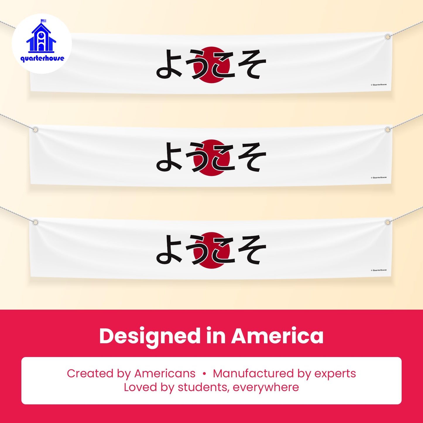 Quarterhouse Japanese Welcome Banner for Japanese Classrooms, Restaurants, Bilingual Businesses, Special Events - Flag of Japan (White & Red) Background - Polyester, 60 x 10 Inches