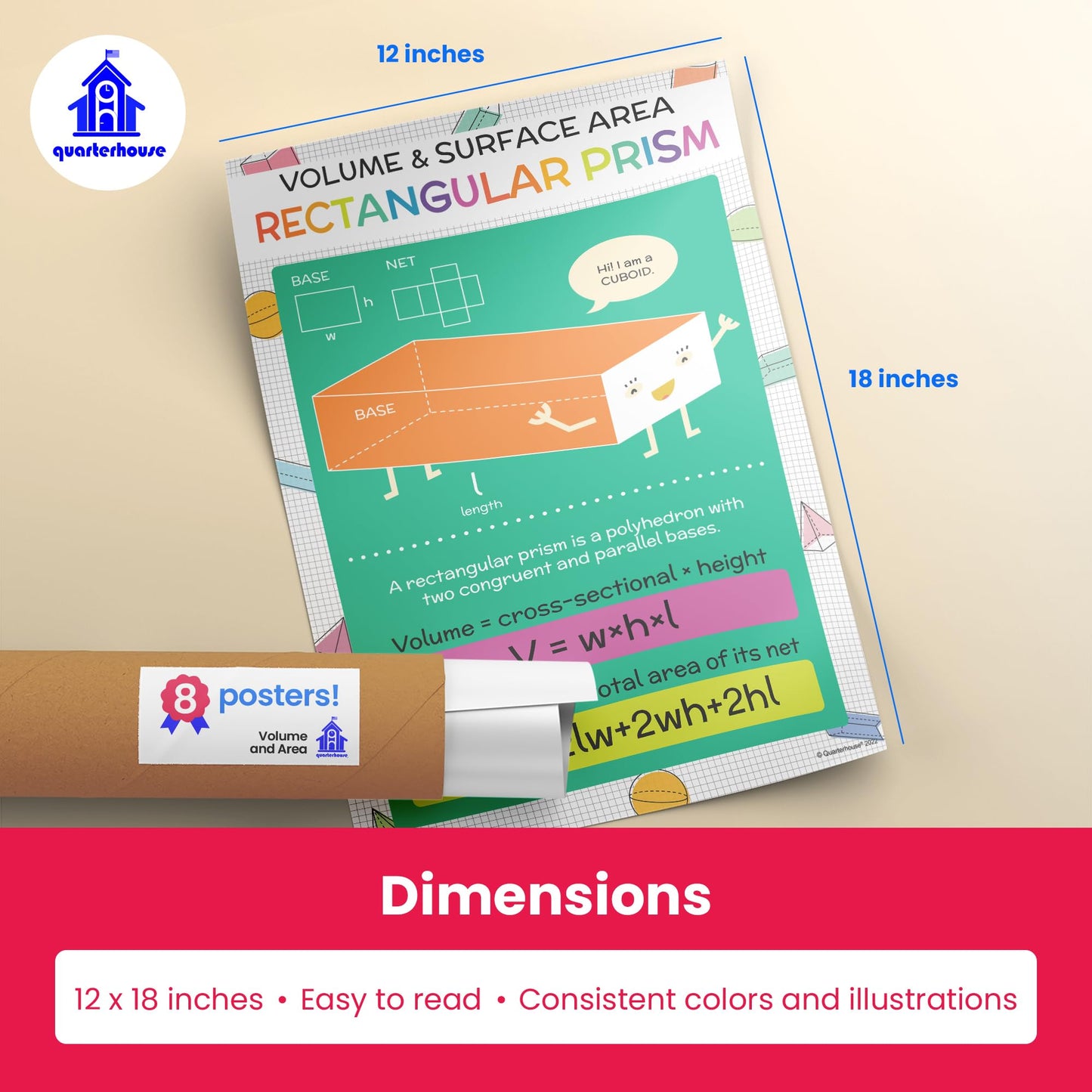 Quarterhouse Volume and Area Poster Set, Math Classroom Learning Materials for K-12 Students and Teachers, Set of 8, 12 x 18 Inches, Extra Durable