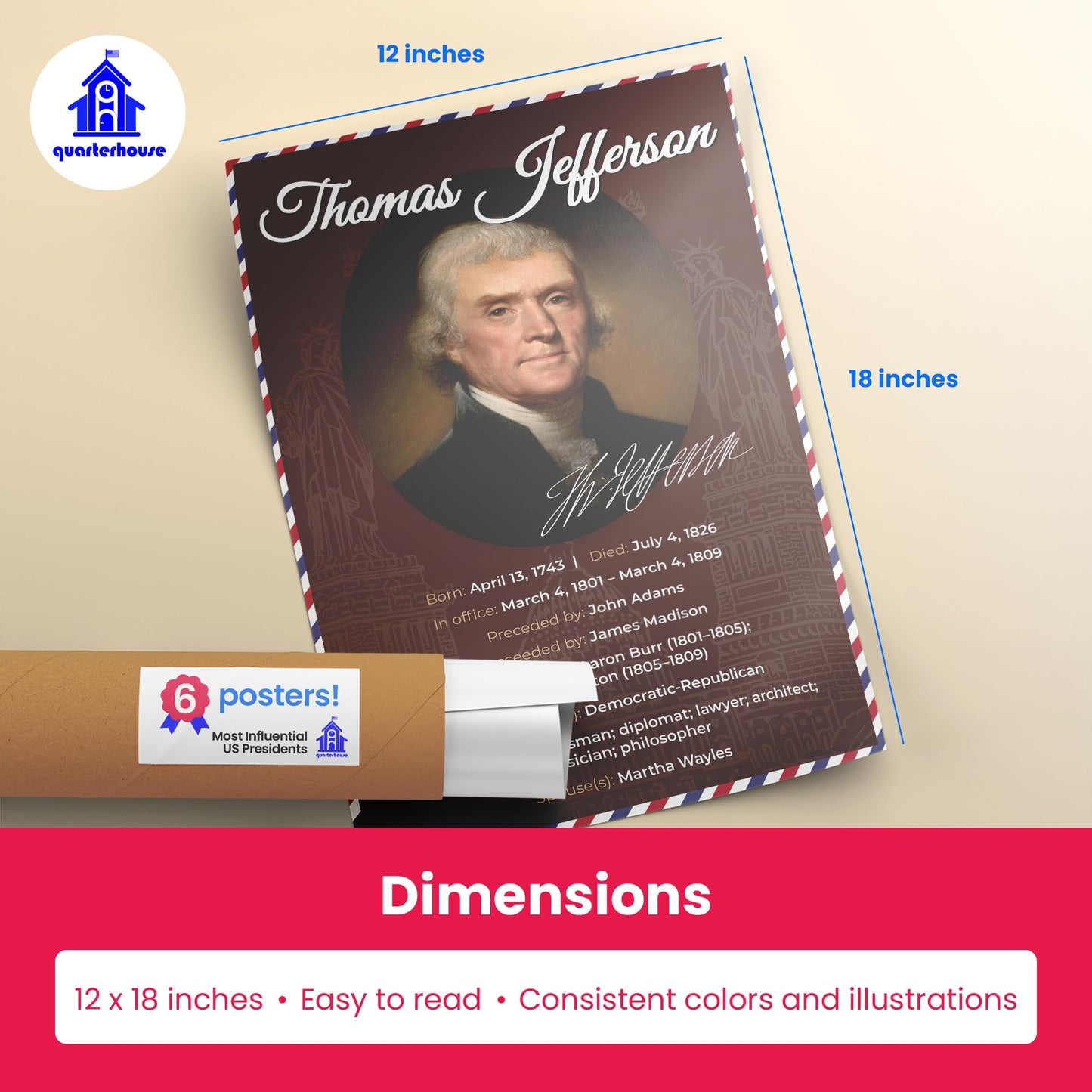 Quarterhouse Most Influential US Presidents Poster Set, Social Studies Classroom Learning Materials for K-12 Students and Teachers, Set of 6, 12 x 18 Inches, Extra Durable