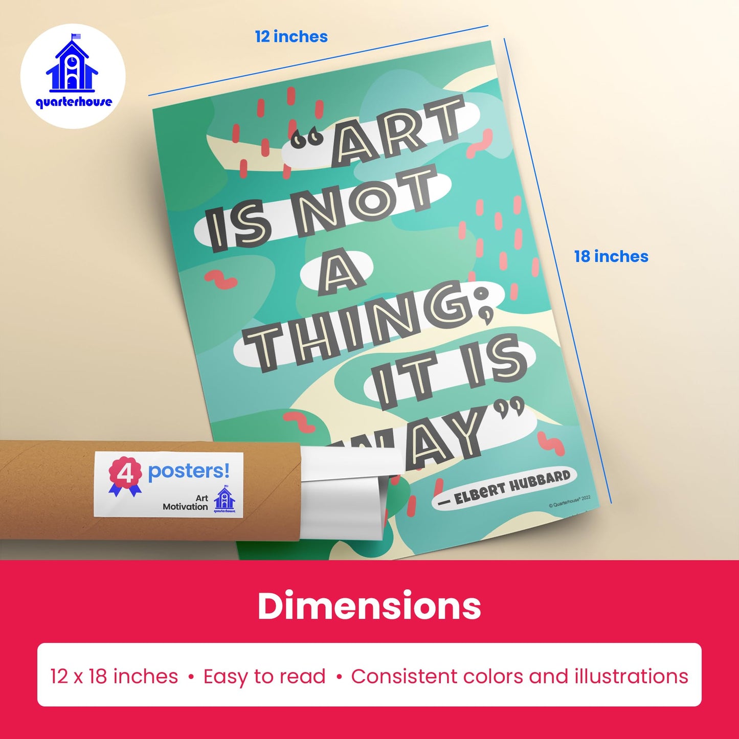 Quarterhouse Art Motivation Poster Set, Art Classroom Learning Materials for K-12 Students and Teachers, Set of 4, 12 x 18 Inches, Extra Durable