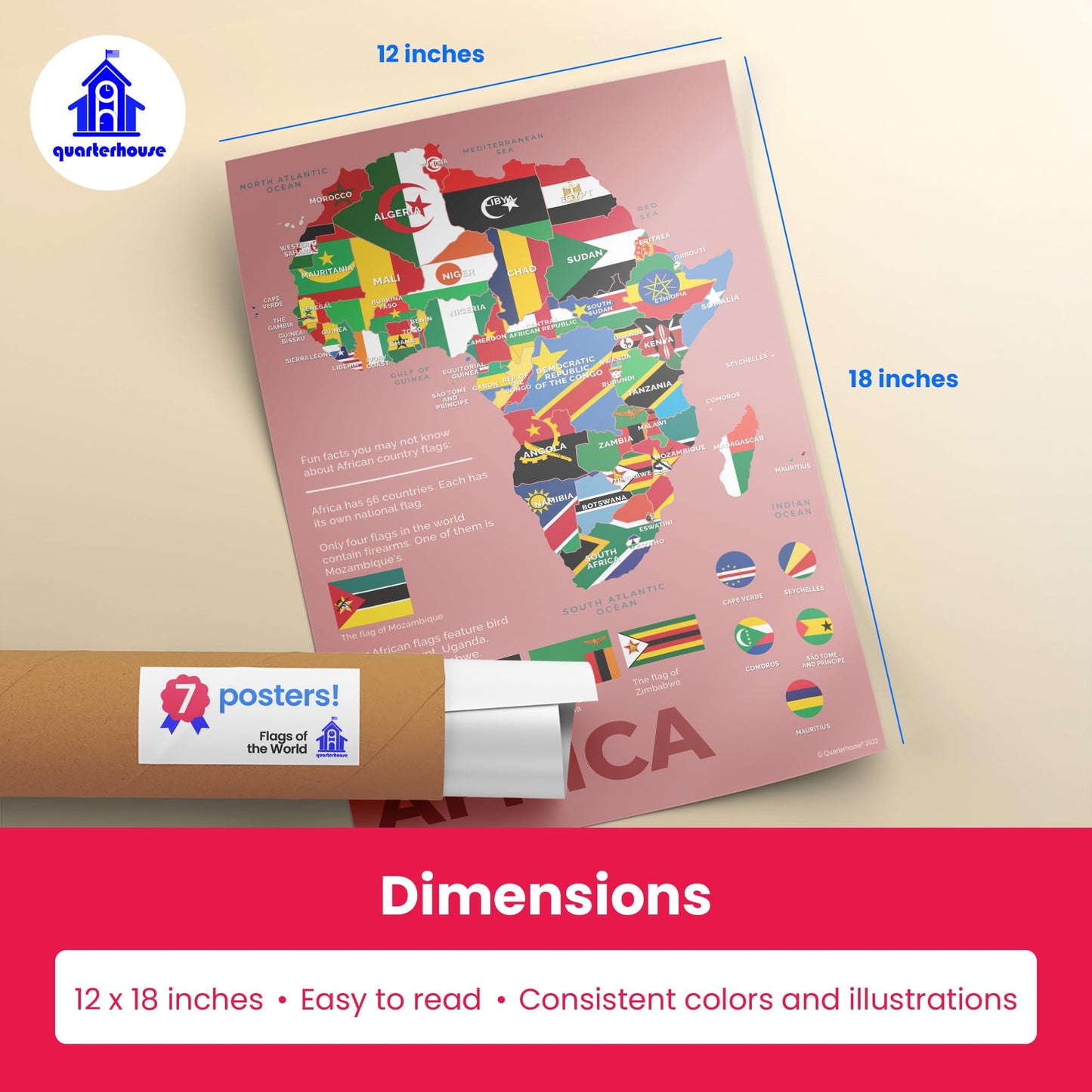 Quarterhouse Flags of the World Poster Set, Social Studies Classroom Learning Materials for K-12 Students and Teachers, Set of 7, 12 x 18 Inches, Extra Durable