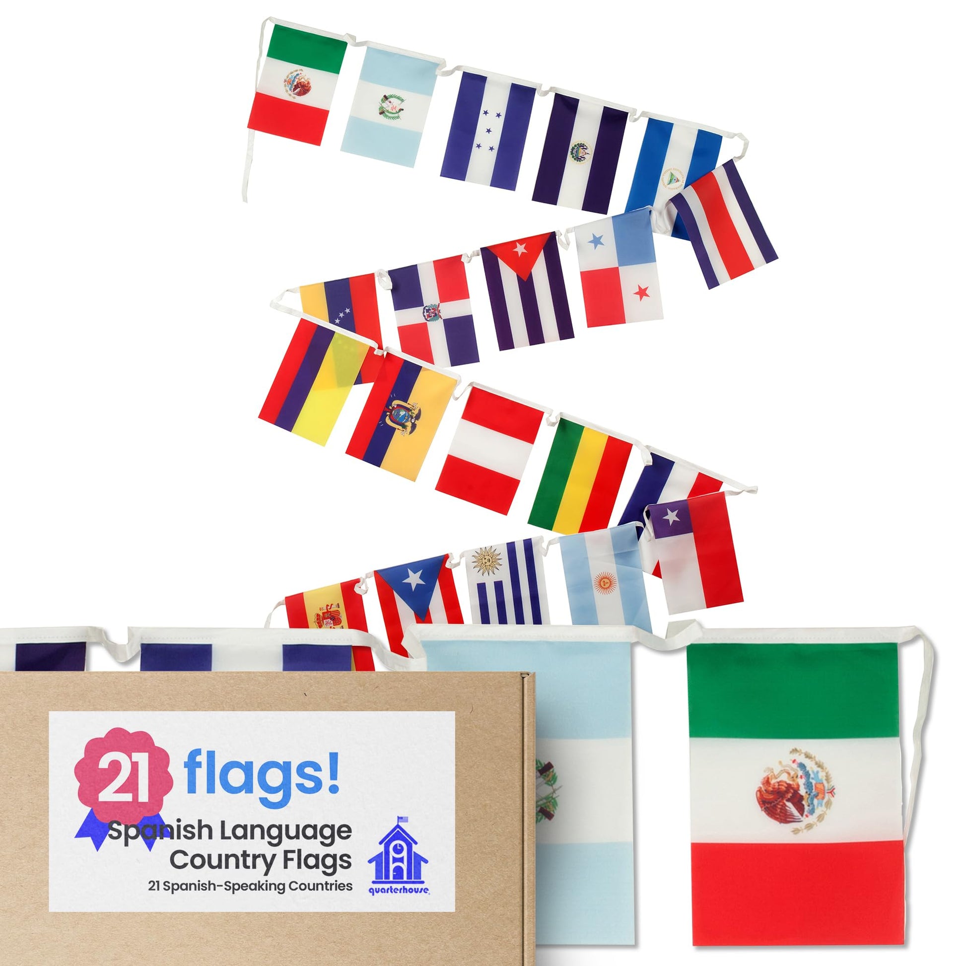 Quarterhouse Spanish Language Country Flags for the Classroom - 18 Latin American Countries Plus Spain, Puerto Rico, and Equatorial Guinea - 21 Flags Per String - Polyester, 8 x 12 Inches