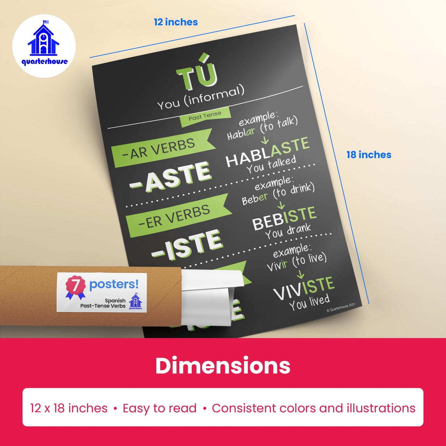 Quarterhouse Spanish Past-Tense Verbs Poster Set, Spanish - ESL Classroom Learning Materials for K-12 Students and Teachers, Set of 7, 12 x 18 Inches, Extra Durable