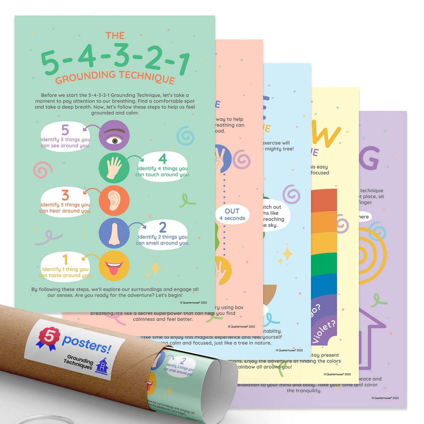 Quarterhouse Grounding Techniques Poster Set, Psychology Classroom Learning Materials for K-12 Students and Teachers, Set of 5, 12x18, Extra Durable