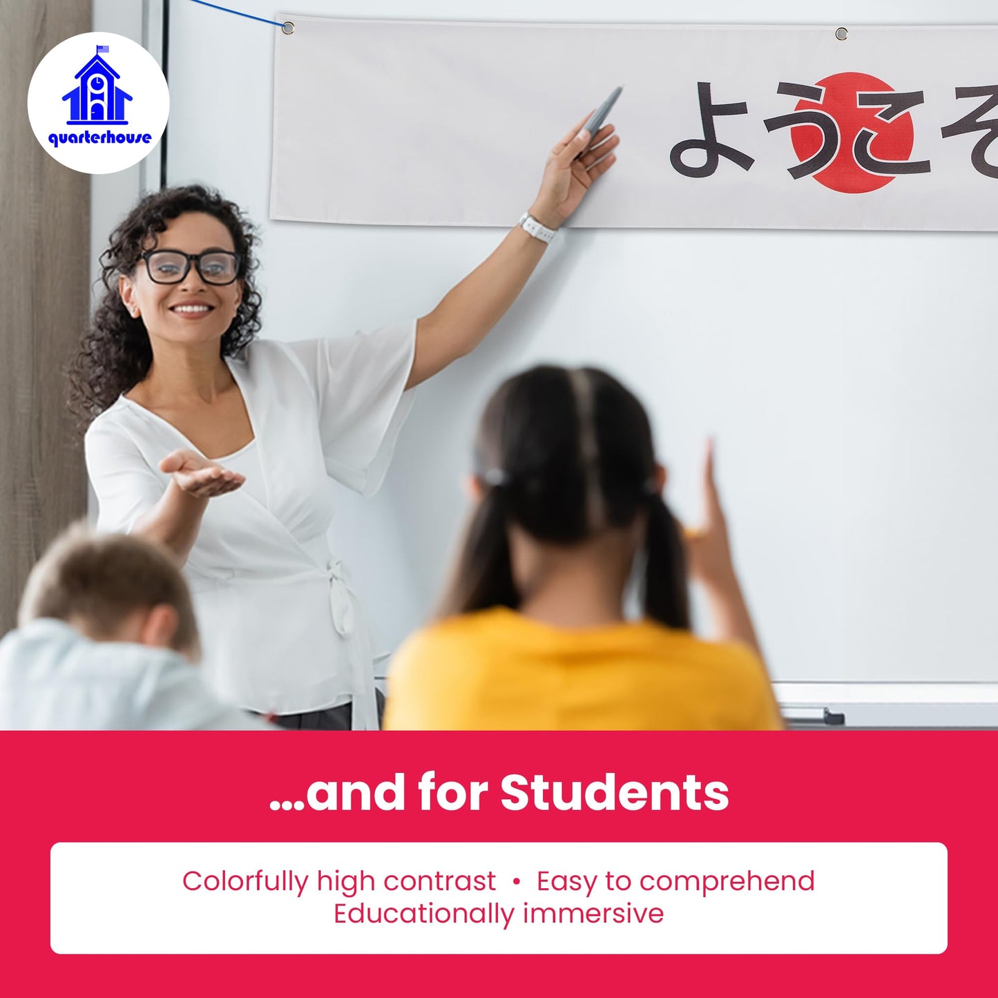 Quarterhouse Japanese Welcome Banner for Japanese Classrooms, Restaurants, Bilingual Businesses, Special Events - Flag of Japan (White & Red) Background - Polyester, 60 x 10 Inches