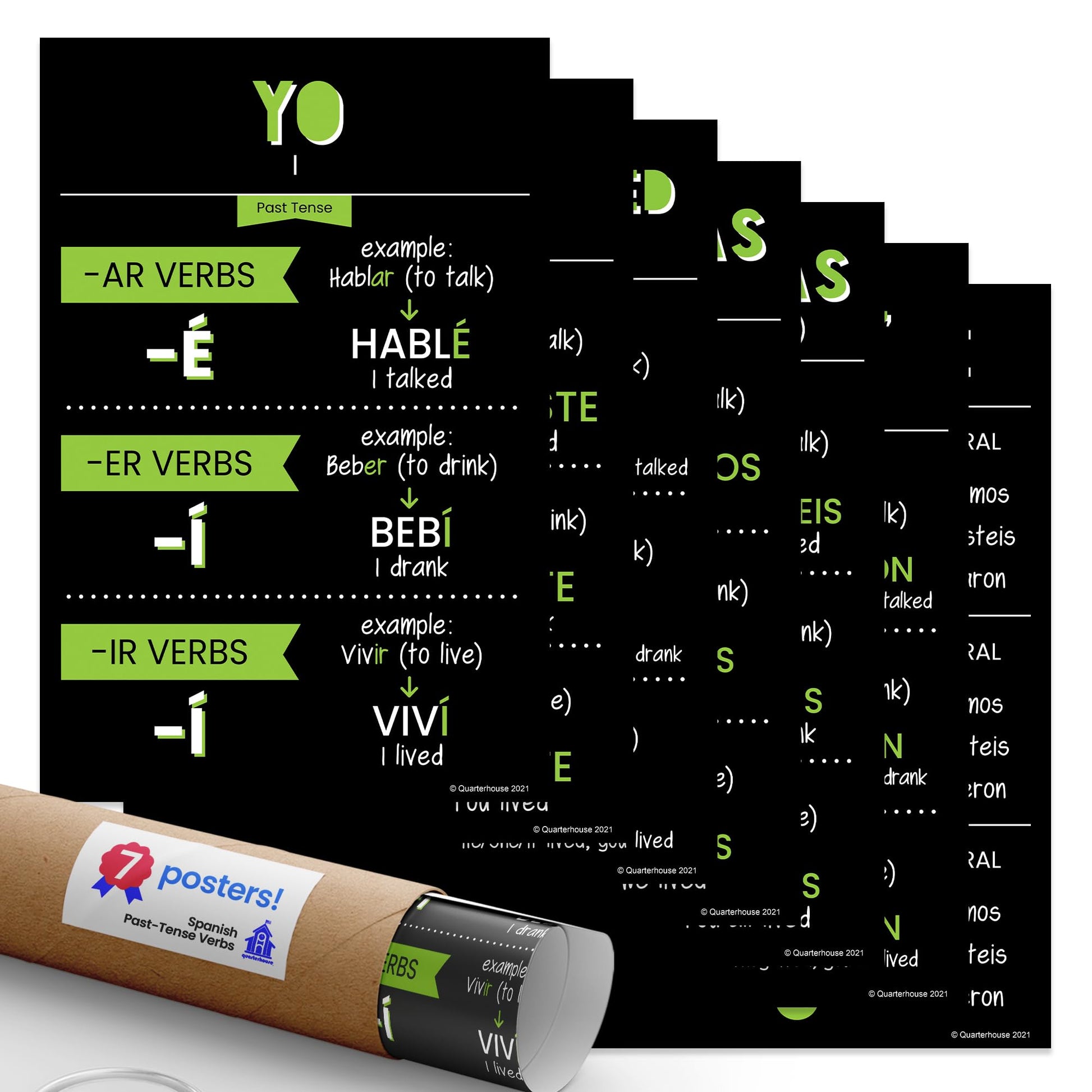 Quarterhouse Spanish Past-Tense Verbs Poster Set, Spanish - ESL Classroom Learning Materials for K-12 Students and Teachers, Set of 7, 12 x 18 Inches, Extra Durable