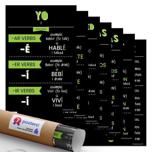 Quarterhouse Spanish Past-Tense Verbs Poster Set, Spanish - ESL Classroom Learning Materials for K-12 Students and Teachers, Set of 7, 12 x 18 Inches, Extra Durable