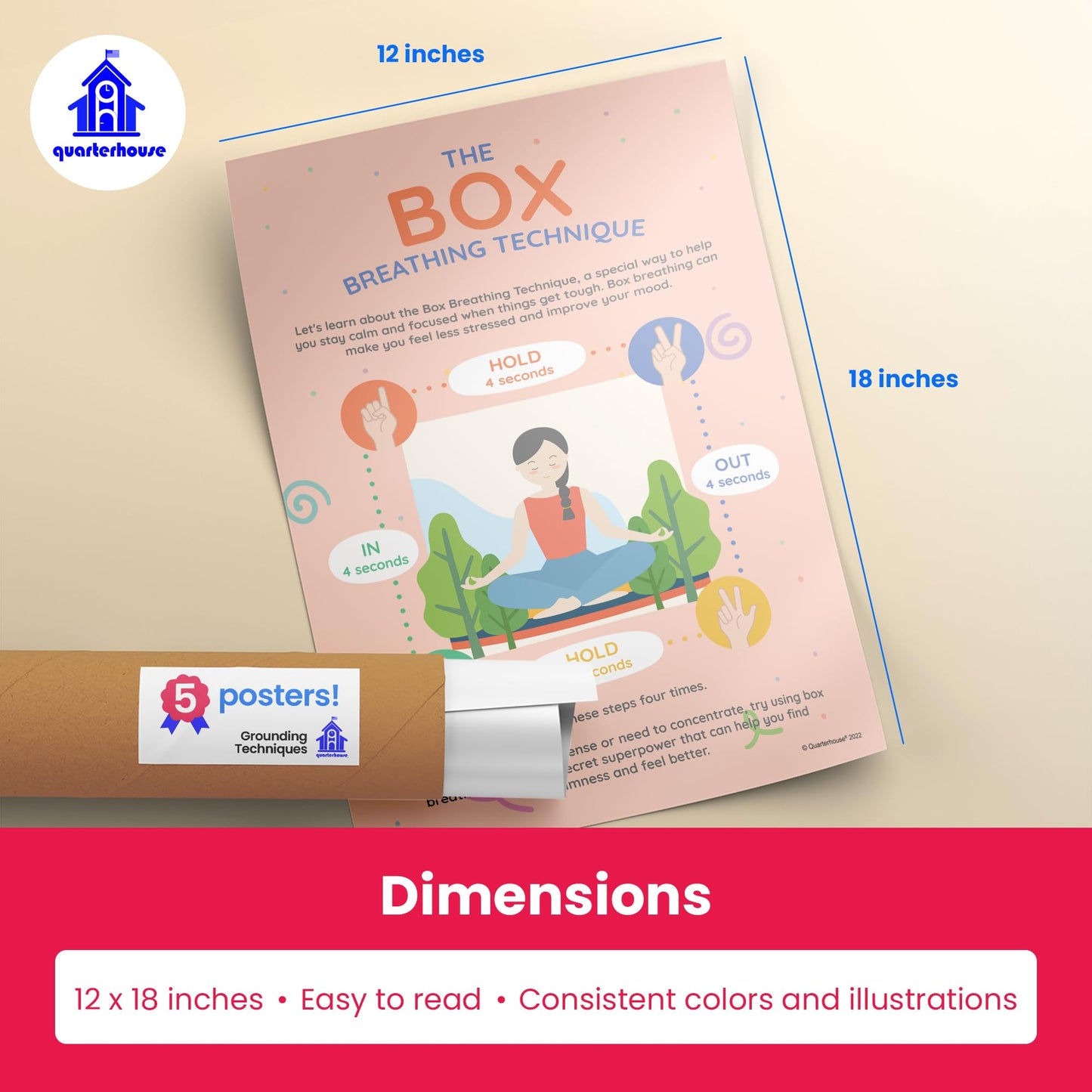 Quarterhouse Grounding Techniques Poster Set, Psychology Classroom Learning Materials for K-12 Students and Teachers, Set of 5, 12x18, Extra Durable