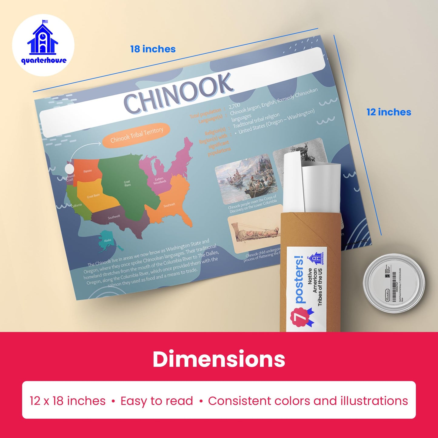 Quarterhouse Native American Tribes of the United States Poster Set, Social Studies Classroom Learning Materials for K-12 Students and Teachers, Set of 7, 12 x 18 Inches, Extra Durable