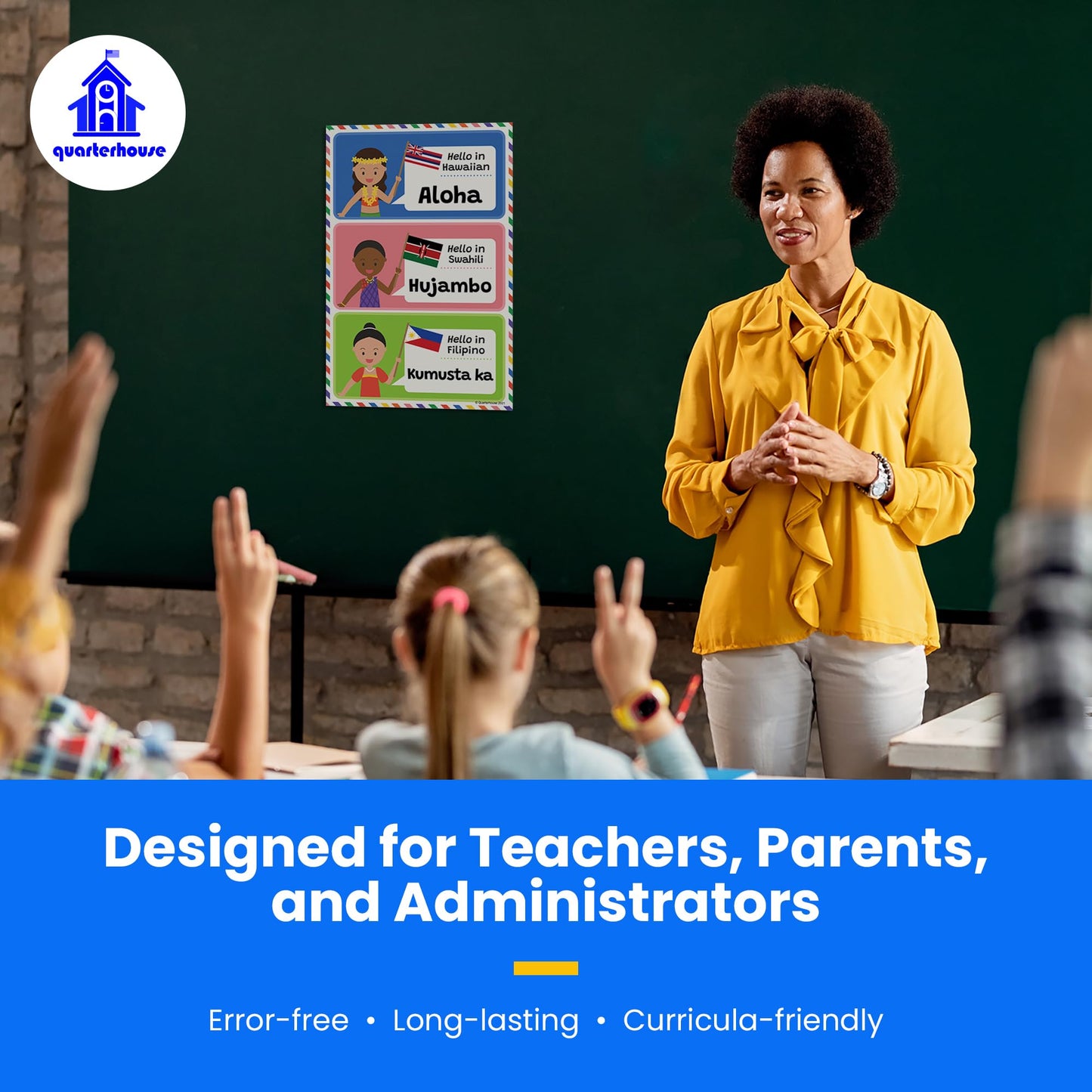 Quarterhouse Hello in 21 Languages Poster Set, Foreign Language - ESL Classroom Learning Materials for K-12 Students and Teachers, Set of 7, 12 x 18 Inches, Extra Durable