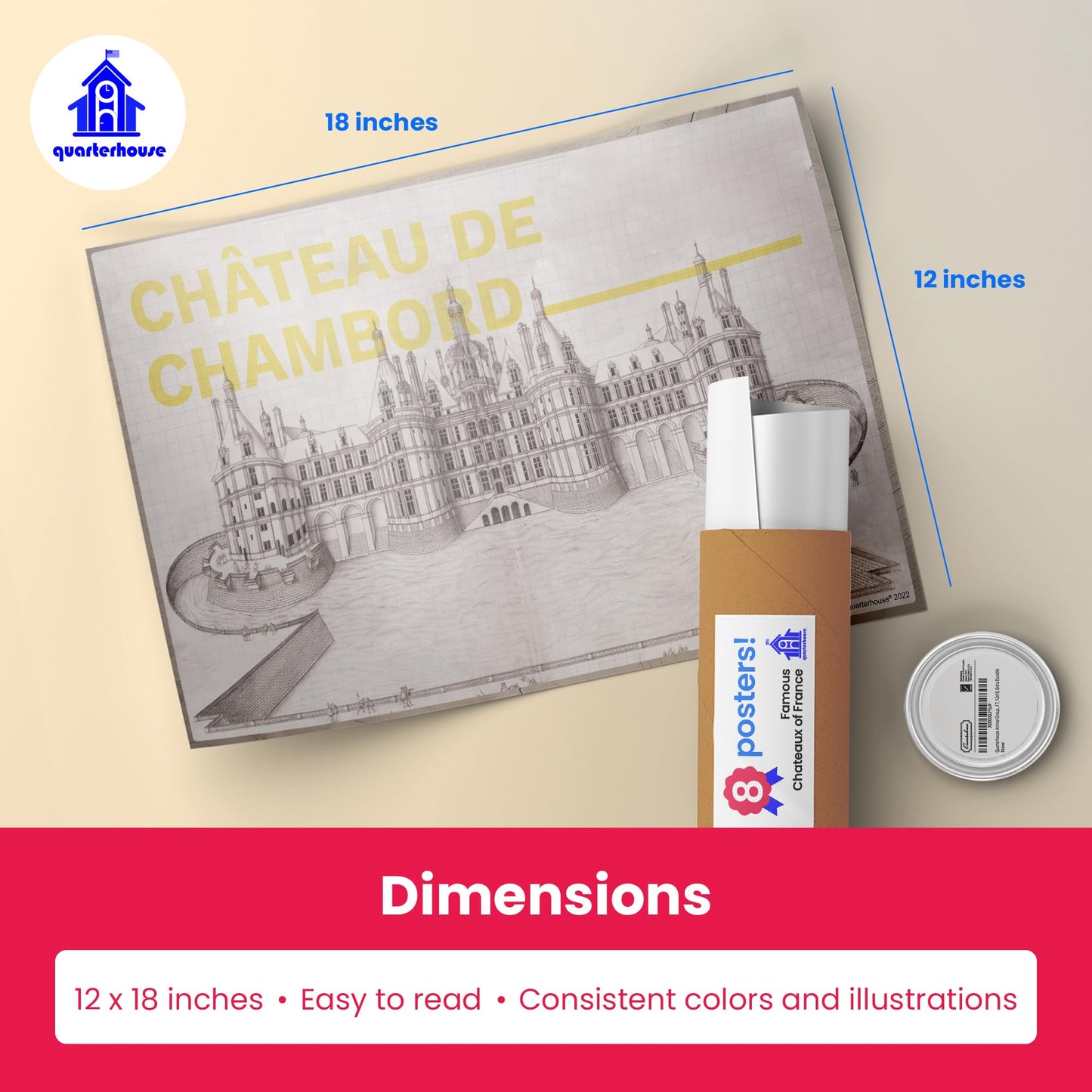 Quarterhouse Famous Chateaux of France, Architectural Blueprints Poster Set - Art, Design, and Drafting Classroom Learning Materials for K-12 Students and Teachers, Set of 8, 12 x 18 Inches, Extra Durable