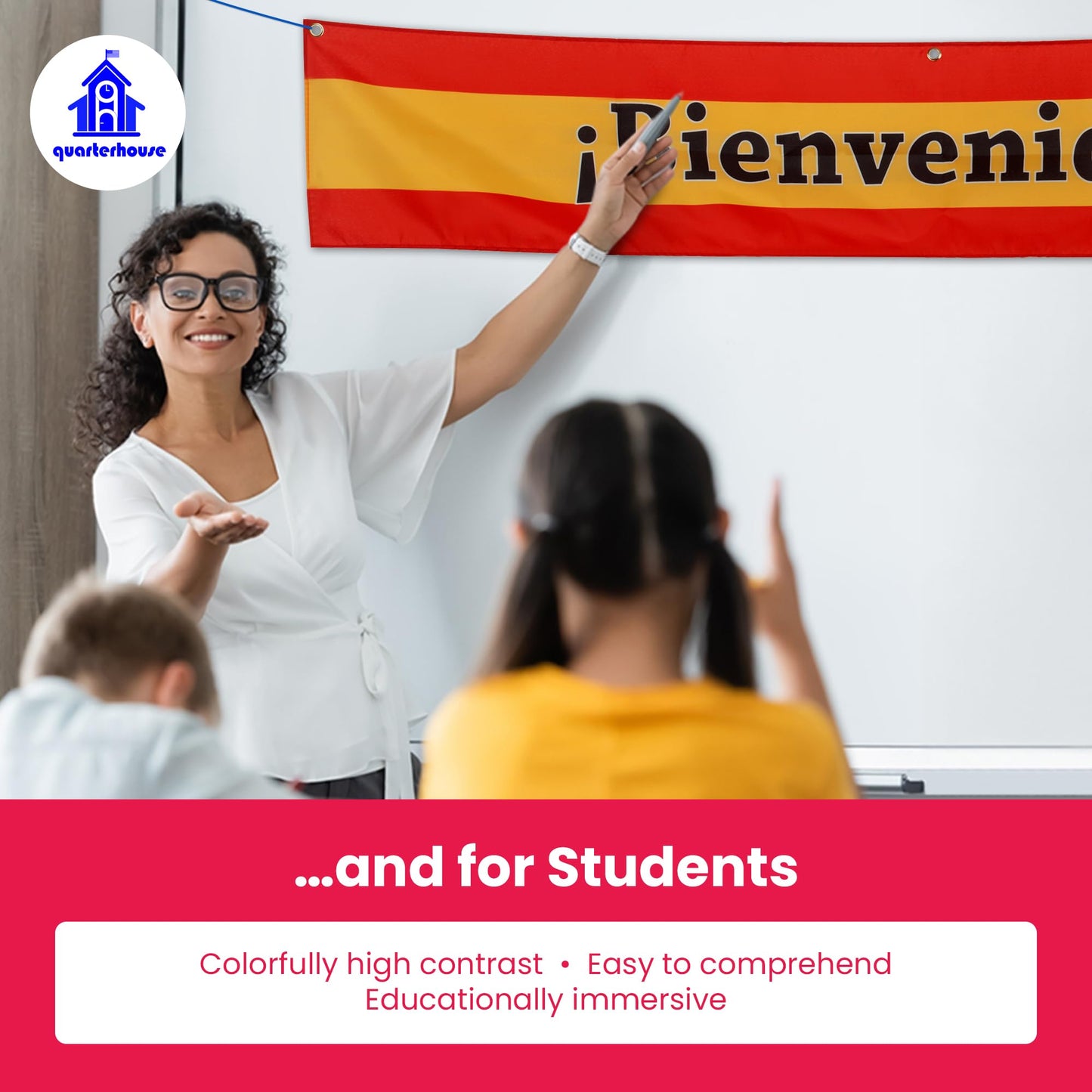 Quarterhouse Bienvenidos Welcome Banner for Spanish Classrooms, Businesses, & Special Events - Spanish Flag (Yellow & Red) Background - Polyester, 60 x 10 Inches