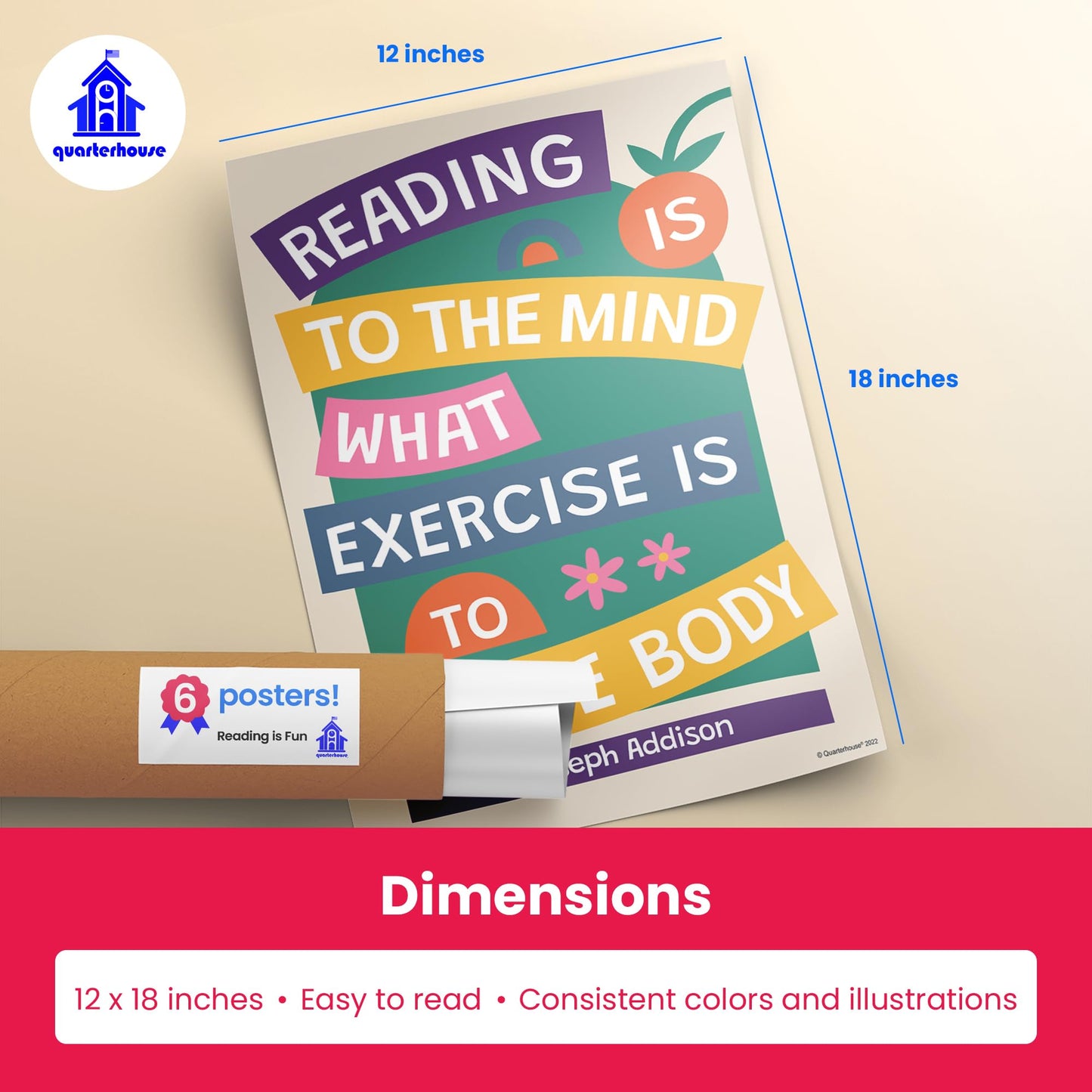 Quarterhouse Reading is Fun Poster Set, English - Language Arts Classroom Learning Materials for K-12 Students and Teachers, Set of 6, 12 x 18 Inches, Extra Durable