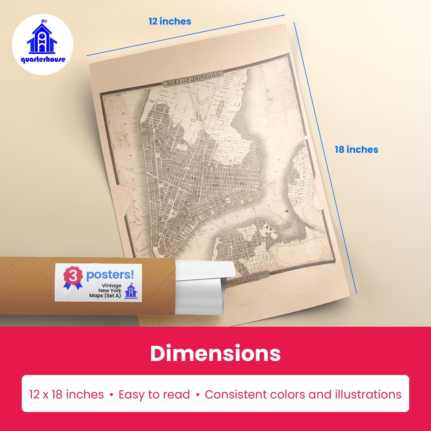 Quarterhouse Vintage New York Maps (Set A) Poster Set, Social Studies Classroom Learning Materials for K-12 Students and Teachers, Set of 3, 12 x 18 Inches, Extra Durable